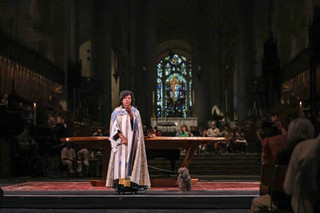 October 4, 2026, New York, New York, United States: The Very Reverend WINNIE VARGHESE, Dean of the Cathedral of St. John the Divine, speaks to the congregation alongside her dog Cashew during the annual St. Francis Day Blessing of the Earth and Animals at the Cathedral of St. John the Divine in New York. The celebration, honouring animals, the Earth and the natural world, also marked the 800th anniversary of the death of St. Francis of Assisi. New York United States  - ZUMAo116 20261004_znp_o116_035 Copyright: xBiancaxOterox