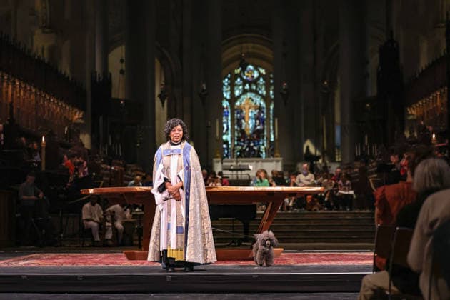 October 4, 2026, New York, New York, United States: The Very Reverend WINNIE VARGHESE, Dean of the Cathedral of St. John the Divine, speaks to the congregation alongside her dog Cashew during the annual St. Francis Day Blessing of the Earth and Animals at the Cathedral of St. John the Divine in New York. The celebration, honouring animals, the Earth and the natural world, also marked the 800th anniversary of the death of St. Francis of Assisi. New York United States - ZUMAo116 20261004_znp_o116_036 Copyright: xBiancaxOterox