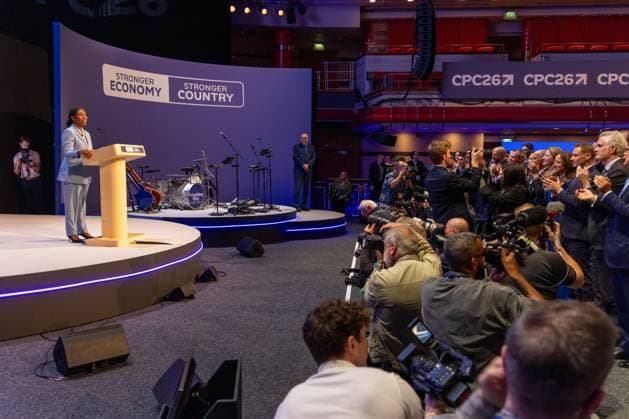 British Conservative Party annual conference 2026, Day 1, Birmingham, UK - 04 Oct 2026 Kemi Badenoch, Leader of the British Conservative Party, delivers her opening speech on day one of the British Conservative Party annual conference at the International Convention Centre (ICC) in Birmingham The British Conservative Party holds it’s annual conference at the International Convention Centre (ICC) in Birmingham Birmingham United Kingdom Copyright: xPhilxLewisx xSOPAxImagesx Phil-Lewis-1456326