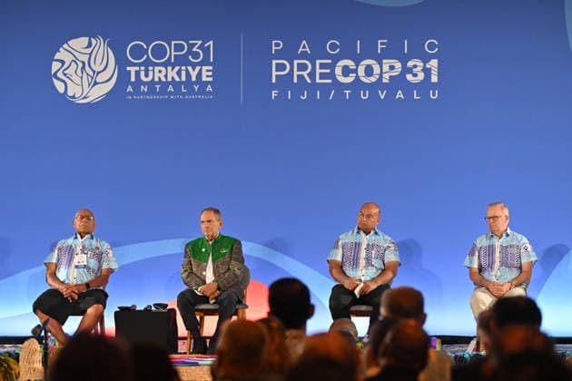 ANTHONY ALBANESE PRECOP MEETING, Fiji™s Prime Minister Sitiveni Rabuka, Timor-Leste™s President Jose Ramos Horta, Nauru™s President David Adeang and Australia™s Prime Minister Anthony Albanese during a traditional welcome ceremony during the Pre-Cop31 meeting in Fiji, Monday, October 5, 2026. ( NO ARCHIVING NADI Fiji  Copyright: xMICKxTSIKASx 20261005141689316833