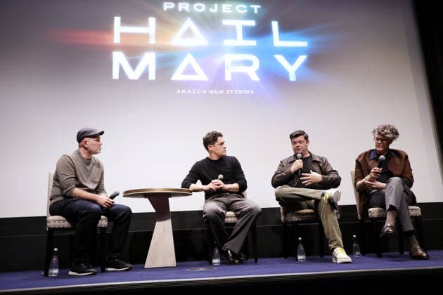 New York Tastemaker screening of Amazon MGM Studios™ project Hail Mary at The Whitby Hotel Screening Room Featuring: (L-R) Erik Davis ( Moderator, Fandang), Phil Lord (Director, Producer), Chris Miller (Director, Producer) and James Ortiz (Rocky) Where: New York, New York, United States When: 04 Oct 2026 Credit: Marion Curtis StarPix for Amazon MGM Studios INSTARimages EDITORIAL USE ONLY. NOT FOR USE BY NEWSPAPERS BASED IN THE UK. Copyright: xx instar56075208