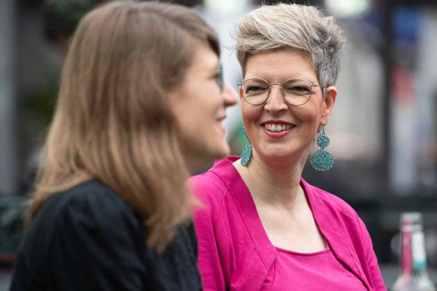 v.l. Verena SCHAEFFER, Schäffer, Ministerin fuer Kinder, Jugend, Familie, Gleichstellung, Flucht und Integration des Landes Nordrhein-Westfalen Wibke BREMS, Vorsitzende der Landtagsfraktion von Buendnis 90 die Gruenen, Fraktionsvorsitzende, Pressekonferenz von Buendnis 90 die Gruenen zur Aufstellung fuer die Landtagswahl 2027 in NRW, 05.10.2026,