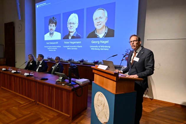Karl Deisseroth, Peter Hegemann, and Georg Nagel have been awarded the 2026 Nobel Prize in Physiology or Medicine, as announced during a press conference at the Nobel Forum at Karolinska Institutet in Stockholm, Sweden, on October 5, 2026. STOCKHOLM, SWEDEN x10050x  Copyright: xPontusxLundahl TTx SWEDEN NOBEL PRIZE 2026 PHYSIOLOGY OR MEDICINE XJHxg-ABS6g