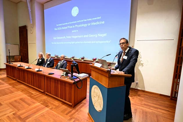 Karl Deisseroth, Peter Hegemann, and Georg Nagel have been awarded the 2026 Nobel Prize in Physiology or Medicine, as announced during a press conference at the Nobel Forum at Karolinska Institutet in Stockholm, Sweden, on October 5, 2026 STOCKHOLM SWEDEN x10050x  Copyright: xPontusxLundahl TTx SWEDEN NOBEL PRIZE 2026 PHYSIOLOGY OR MEDICINE t2HktnbzXng