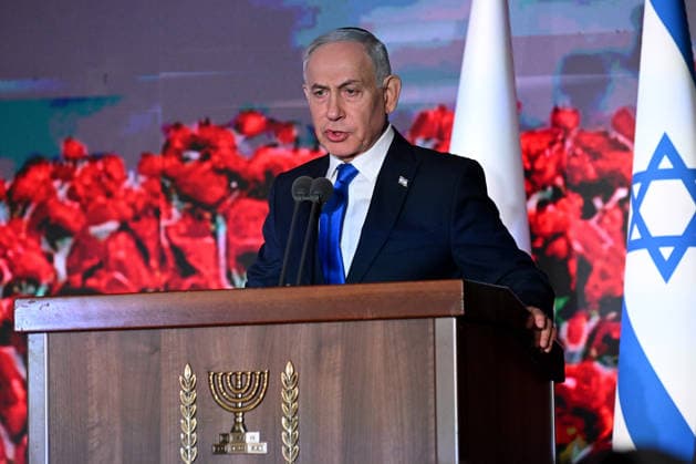 Israeli Prime Minister Benjamin Netanyahu speaks at the State Memorial Ceremony for the three year anniversary of the October 7, 2023, Hamas attack, in remembrance of Israel Defense Forces and security members who fell in the War of Redemption in the Mt. Herzl Cemetery, Jerusalem, on Monday, October 5, 2026.  JER2026100502 DEBBIExHILL