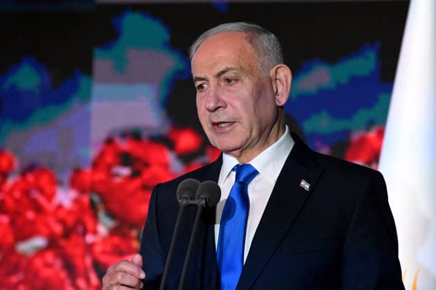 Israeli Prime Minister Benjamin Netanyahu speaks at the State Memorial Ceremony for the three year anniversary of the October 7, 2023, Hamas attack, in remembrance of Israel Defense Forces and security members who fell in the War of Redemption in the Mt. Herzl Cemetery, Jerusalem, on Monday, October 5, 2026.  JER2026100509 DEBBIExHILL