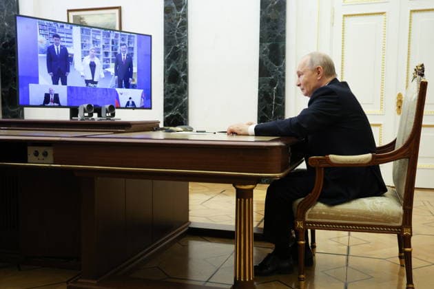 RUSSIA, MOSCOW - OCTOBER 5, 2026: Russian President Vladimir Putin attends via a video link the opening of a Point of Future Education Complex in Yakutsk. Vyacheslav Prokofyev Russian Presidential Press and Information Office TASS  98834196
