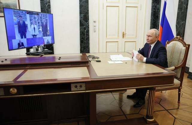 Russia Putin Educational Complex 9257870 05.10.2026 Russian President Vladimir Putin attends via video link a meeting marking the opening of the Point of the Future educational complex in the settlement of Zhatay, Republic of Sakha (Yakutia), at the Kremlin in Moscow, Russia. Vyacheslav Prokofiev Sputnik Moscow Russia  Copyright: xVyacheslavxProkofievx
