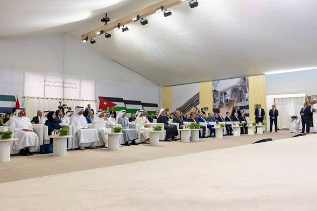 Jordan’s King and Abu Dhabi Crown Prince Launch Railway Project Jordan’s King Abdullah II and Abu Dhabi Crown Prince Sheikh Khaled bin Mohamed bin Zayed Al Nahyan attend the cornerstone-laying ceremony for the Aqaba–Shidiya–Ma’an railway project in Jordan on October 5, 2026. The project is intended to strengthen rail transport links between production areas and ports and support the movement of goods. Photo by Royal Hashemite Court apaimages Amman Amman Jordan 051026_Jordan_JPO_00(4) Copyright: xapaimagesxRoyalxHashemitexCourtxx xapaimagesx