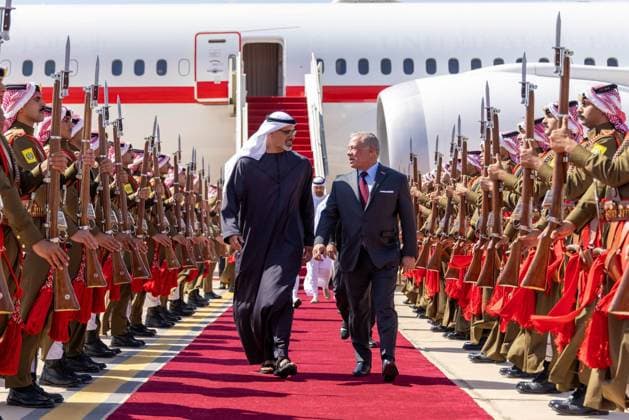 Jordan’s King and Abu Dhabi Crown Prince Launch Railway Project Jordan’s King Abdullah II and Abu Dhabi Crown Prince Sheikh Khaled bin Mohamed bin Zayed Al Nahyan attend the cornerstone-laying ceremony for the Aqaba–Shidiya–Ma’an railway project in Jordan on October 5, 2026. The project is intended to strengthen rail transport links between production areas and ports and support the movement of goods. Photo by Royal Hashemite Court apaimages Amman Amman Jordan 051026_Jordan_JPO_00(7) Copyright: xapaimagesxRoyalxHashemitexCourtxx xapaimagesx