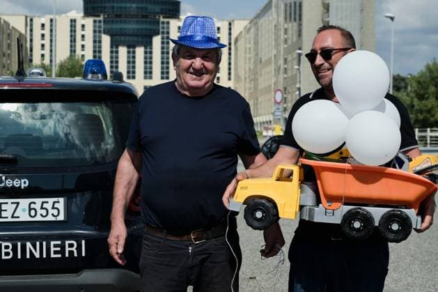 October 5, 2026, Catanzaro, Catanzaro, Italy: A protester with a toy truck during a protest by a group of truck drivers, traders, and representatives of the agricultural sector who gathered at the headquarters of the Regional Citadel in Catanzaro to protest against the high cost of living and fuel, Catanzaro, October 5, 2026. Catanzaro Italy  - ZUMAa289 20261005_zia_a289_090 Copyright: xValeriaxFerrarox xAgfx
