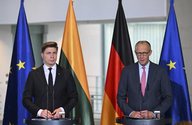 German Chancellor Merz and Lithuanian PM Sinkevicius hold joint press conference in Berlin BERLIN, GERMANY - OCTOBER 05: German Chancellor Friedrich Merz and Lithuanian Prime Minister Mindaugas Sinkevicius hold a joint press conference following their meeting at the Federal Chancellery in Berlin, Germany on October 05, 2026. Halil Sagirkaya Anadolu Berlin Germany. Editorial use only. Please get in touch for any other usage.  Copyright: x2026xAnadoluxHalilxSagirkayax
