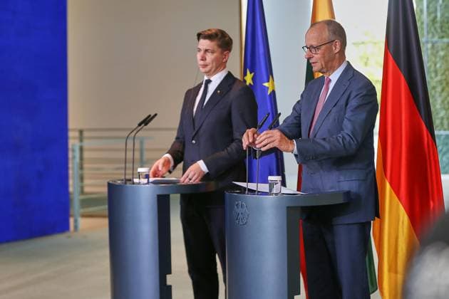 Berlin, Deutschland, 05.10.2026: Bundeskanzleramt: Empfang des Premierministers von Litauen: Mindaugas Sinkevicius und Bundeskanzler Friedrich Merz (CDU) in einer gemeinsamen Pressekonferenz. Copyright: xdtsxNachrichtenagenturx dts_137191