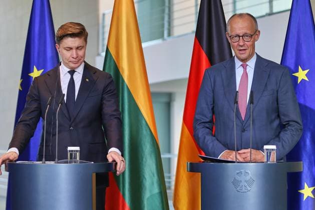 Berlin, Deutschland, 05.10.2026: Bundeskanzleramt: Empfang des Premierministers von Litauen: Mindaugas Sinkevicius und Bundeskanzler Friedrich Merz (CDU) in einer gemeinsamen Pressekonferenz. Copyright: xdtsxNachrichtenagenturx dts_137190