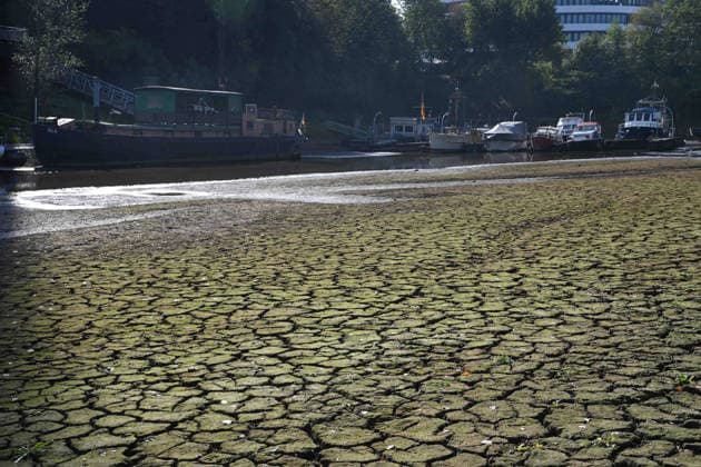 Das Niedrigwasser im Duesseldorfer Hafen hat eine grosse Sandbank freigelegt, Steine und Sand am Ufer, Hafenbecken A, Motorboote und Yachten liegen auf dem Grund, Duesseldorf am 05.10.2026,
