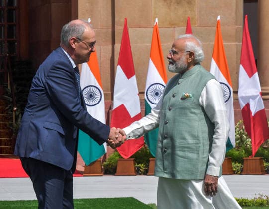 PM Modi and Swiss President Guy Parmelin at Hyderabad House New Delhi, Oct 05 (ANI): Prime Minister Narendra Modi and Swiss President Guy Parmelin exchange a handshake at Hyderabad House, in New Delhi on Monday. NEW DELHI Delhi India Copyright: xANIx ANI_20261005037