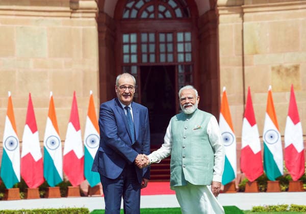 RECORD DATE NOT STATED PM Modi & Swiss President Guy Parmelin at Hyderabad House New Delhi, Oct 05 (ANI): Prime Minister Narendra Modi and Swiss President Guy Parmelin exchange a handshake at Hyderabad House ahead of their bilateral talks, in New Delhi on Monday. (Narendra Modi Photo Gallery ANI Photo) NEW DELHI Delhi India Copyright: xANIx ANI_20261005053