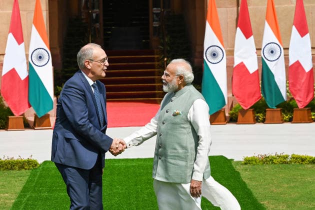 NEW DELHI, INDIA - OCTOBER 5: Prime Minister Narendra Modi welcomes Swiss Confederation President Guy Parmelin for bilateral summit talks at Hyderabad House on October 5, 2026 in New Delhi, India. President Parmelin arrived in the national capital on an official three-day State visit to India from October 5 to 7 at the invitation of Prime Minister Narendra Modi. Accompanied by a high-level business and government delegation, the Swiss leader held bilateral summit talks at Hyderabad House aimed at deepening trade, investment, and technological cooperation under the India-European Free Trade Association (EFTA) Trade and Economic Partnership Agreement (TEPA). (Photo by Ajay Aggarwal Hindustan Times) Prime Minister Narendra Modi And Swiss Conf