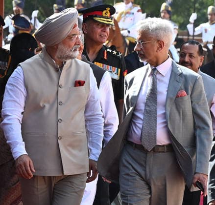 NEW DELHI, INDIA - OCTOBER 5: Minister of External Affairs S Jaishankar talking with Lieutenant Governor (LG) of Delhi Taranjit Singh Sandhu, during the President of the Swiss Confederation Guy Parmelin and his spouse Caroline Parmelin during a ceremonial reception at Rashtrapati Bhavan, on October 5, 2026 in New Delhi, India. Swiss President in on official three-day State visit to India from October 5 to 7 at the invitation of Prime Minister Modi. Accompanied by a high-level business and government delegation, President Parmelin is scheduled to participate in bilateral summit talks at Hyderabad House to expand trade, investment, and technological cooperation under the India-European Free Trade Association (EFTA) Trade and Economic Partners