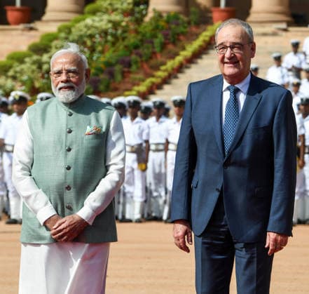 Ceremonial reception for Swiss President Guy Parmelin New Delhi, Oct 05 (ANI): Swiss Confederation President Guy Parmelin poses for a picture with Prime Minister Narendra Modi during a ceremonial reception at the Forecourt of Rashtrapati Bhavan, in New Delhi on Monday. NEW DELHI Delhi India Copyright: xANIx ANI_20261005071