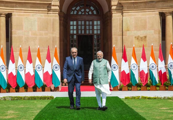 RECORD DATE NOT STATED PM Modi & Swiss President Guy Parmelin at Hyderabad House New Delhi, Oct 05 (ANI): Prime Minister Narendra Modi and Swiss President Guy Parmelin at Hyderabad House for bilateral talks, in New Delhi on Monday. (Narendra Modi Photo Gallery ANI Photo) NEW DELHI Delhi India Copyright: xANIx ANI_20261005072