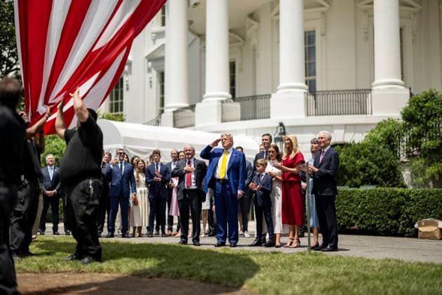 October 5, 2026, Washington, Dc, United States of America: U.S. President Donald Trump salutes as an American flag is raised on a newly installed flagpole on the South Lawn of the White House, June 18, 2025 in Washington, D.C. The flag was raised on one of two new flagpoles Trump had installed on the North and South Lawns of the White House, which he said he paid for personally. Washington United States of America - ZUMAp138 20261005_zaa_p138_091 Copyright: xDanielxTorok WhitexHousex
