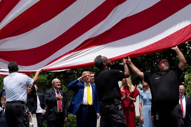 October 5, 2026, Washington, Dc, United States of America: U.S. President Donald Trump salutes as an American flag is raised on a newly installed flagpole on the South Lawn of the White House, June 18, 2025 in Washington, D.C. The flag was raised on one of two new flagpoles Trump had installed on the North and South Lawns of the White House, which he said he paid for personally. Washington United States of America - ZUMAp138 20261005_zaa_p138_074 Copyright: xAndreaxHanks WhitexHousex