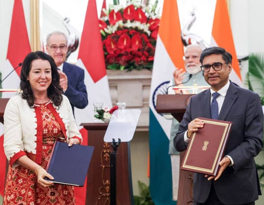 PM Modi & Swiss President Guy Parmelin at Hyderabad House New Delhi, Oct 05 (ANI): Prime Minister Narendra Modi and Swiss President Guy Parmelin witness the exchange of an MoU between Swiss envoy to India Maya Tissafi and Foreign Secretary Vikram Misri during the joint press meet at Hyderabad House, in New Delhi on Monday. (Narendra Modi Photo Gallery ANI Photo) NEW DELHI Delhi India Copyright: xANIx ANI_20261005155