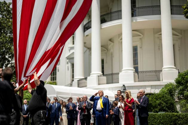 October 5, 2026, Washington, Dc, United States of America: U.S. President Donald Trump salutes as an American flag is raised on a newly installed flagpole on the South Lawn of the White House, June 18, 2025 in Washington, D.C. The flag was raised on one of two new flagpoles Trump had installed on the North and South Lawns of the White House, which he said he paid for personally. Washington United States of America - ZUMAp138 20261005_zaa_p138_073 Copyright: xDanielxTorok WhitexHousex