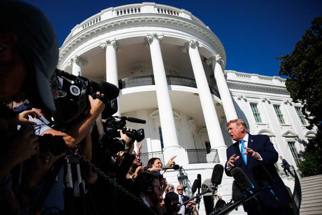 DC: President Trump Departs the White House President Donald Trump speaks to reporters on the South Lawn before departing the White House in Marine One on October 5, 2026 in Washington, D.C. Trump is heading to Grand Island, Nebraska where he will speak at a rally for Republican Senator Pete Ricketts. (Photo by Samuel Corum Pool ABACAPRESS.COM) Washington DC United States  Copyright: xPool ABACAx