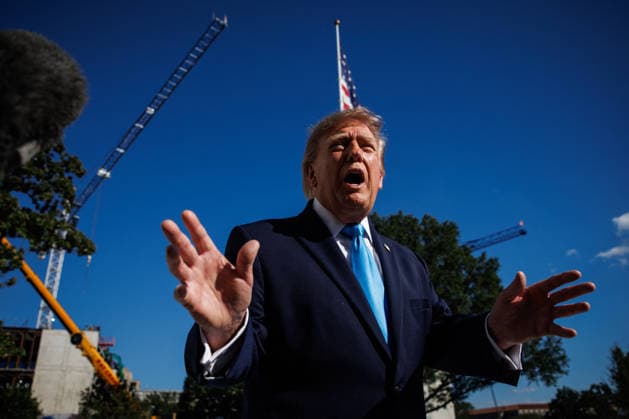DC: President Trump Departs the White House President Donald Trump speaks to reporters on the South Lawn before departing the White House in Marine One on October 5, 2026 in Washington, D.C. Trump is heading to Grand Island, Nebraska where he will speak at a rally for Republican Senator Pete Ricketts. (Photo by Samuel Corum Pool ABACAPRESS.COM) Washington DC United States  Copyright: xPool ABACAx