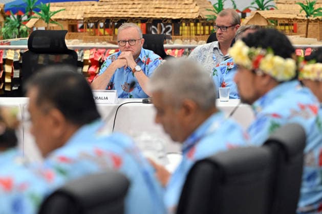 ANTHONY ALBANESE PRECOP MEETING, Australia™s Prime Minister Anthony Albanese at a leaders dialogue during the Pre-Cop31 meeting in Tuvalu, Tuesday, October 6, 2026. ( NO ARCHIVING Funafuti Tuvalu  Copyright: xMICKxTSIKASx 20261006146207308827