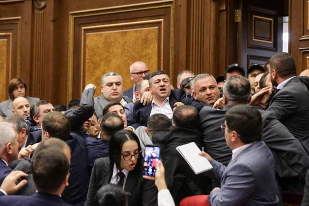 ARMENIA, YEREVAN - OCTOBER 6, 2026: A brawl breaks out between lawmakers during the 2nd session of the Armenian National Assembly of the 9th convocation Yerevan Armenia  - ZUMAt113 20261006_zaa_t113_015 Copyright: xAlexanderxPatrinx