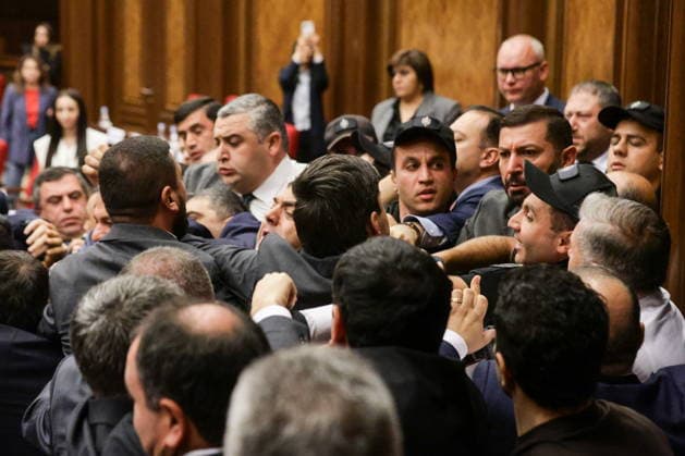 ARMENIA, YEREVAN - OCTOBER 6, 2026: A brawl breaks out between lawmakers during the 2nd session of the Armenian National Assembly of the 9th convocation Yerevan Armenia  - ZUMAt113 20261006_zaa_t113_016 Copyright: xAlexanderxPatrinx