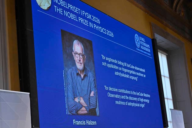 Francis Halzen is announced as the recipient of the 2026 Nobel Prize in Physics during a press conference at the Royal Swedish Academy of Sciences in Stockholm, Sweden, on October 6, 2026 STOCKHOLM SWEDEN x10430x  Copyright: xChristinexOlsson TTx SWEDEN NOBEL PRIZE 2026 PHYSICS Pk-K48WcJ5g