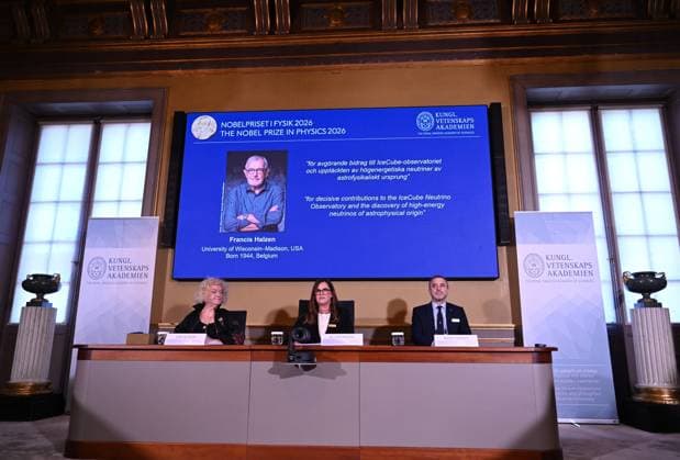 (261006) -- STOCKHOLM, Oct. 6, 2026 -- The 2026 Nobel Prize in Physics is announced in Stockholm, Sweden, Oct. 6, 2026. Francis Halzen has been awarded the Nobel Prize in Physics 2026 for decisive contributions to the IceCube Neutrino Observatory and the discovery of high-energy neutrinos of astrophysical origin, the Royal Swedish Academy of Sciences announced Tuesday. ) Photo Flash Francis Halzen wins 2026 Nobel Prize in Physics LyuxYou 
