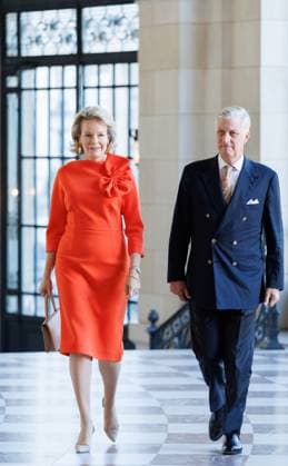 Queen Mathilde of Belgium and King Philippe - Filip of Belgium pictured during a royal meeting with the top Belgian athletes who have distinguished themselves over the past two years, at Laken Royal Castle, on Tuesday 6 October 2026. This concerns athletes who won a medal at a European or World Championship in an Olympic or Paralympic discipline, as well as Belgian athletes who have distinguished themselves exceptionally at the world level.  BENOITxDOPPAGNE 188891066