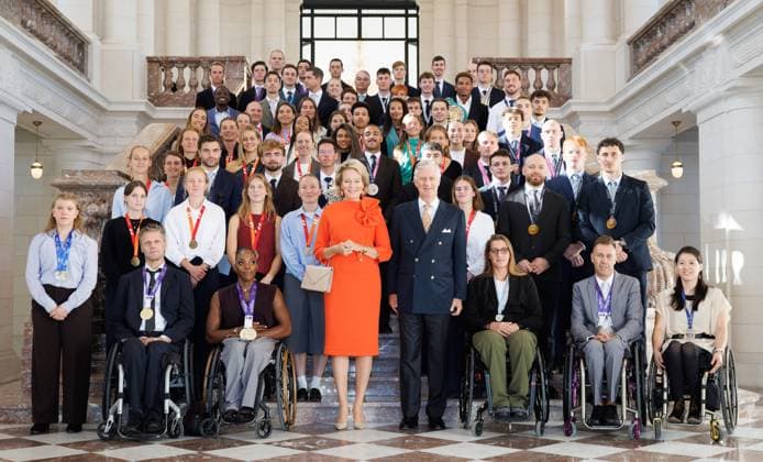 Queen Mathilde of Belgium and King Philippe - Filip of Belgium pictured during a royal meeting with the top Belgian athletes who have distinguished themselves over the past two years, at Laken Royal Castle, on Tuesday 6 October 2026. This concerns athletes who won a medal at a European or World Championship in an Olympic or Paralympic discipline, as well as Belgian athletes who have distinguished themselves exceptionally at the world level.  BENOITxDOPPAGNE 188887148