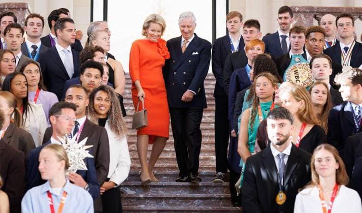 Queen Mathilde of Belgium and King Philippe - Filip of Belgium pictured during a royal meeting with the top Belgian athletes who have distinguished themselves over the past two years, at Laken Royal Castle, on Tuesday 6 October 2026. This concerns athletes who won a medal at a European or World Championship in an Olympic or Paralympic discipline, as well as Belgian athletes who have distinguished themselves exceptionally at the world level.  BENOITxDOPPAGNE 188887380