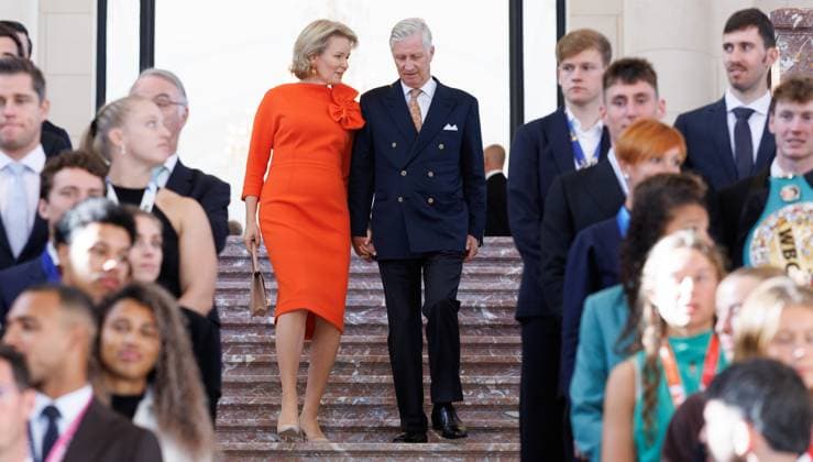 Queen Mathilde of Belgium and King Philippe - Filip of Belgium pictured during a royal meeting with the top Belgian athletes who have distinguished themselves over the past two years, at Laken Royal Castle, on Tuesday 6 October 2026. This concerns athletes who won a medal at a European or World Championship in an Olympic or Paralympic discipline, as well as Belgian athletes who have distinguished themselves exceptionally at the world level.  BENOITxDOPPAGNE 188887494