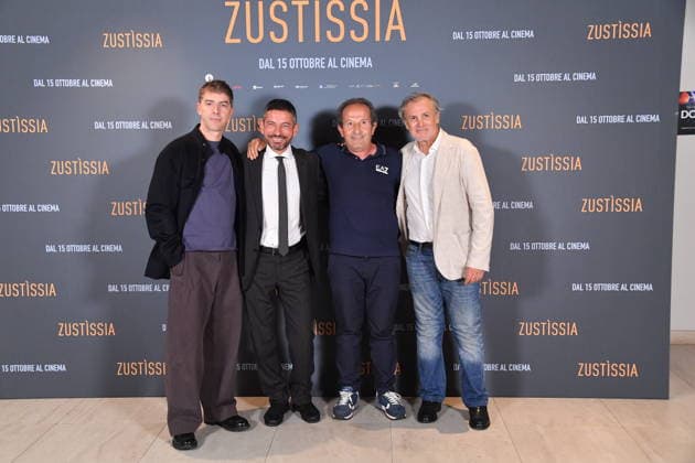 IPA89362217 - Rome, Cinema Barberini: Photocall for the film Zustissia. Pictured: Michele Riondino, Beniamino Zuncheddu, Mauro Trogu, Fabrizio Ferracane  Copyright: xVincenzoxLandix xVincenzoxLandix IPA89362217