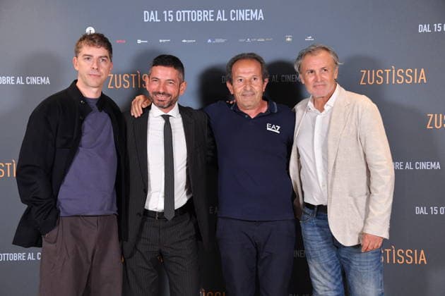 IPA89362224 - Rome, Cinema Barberini: Photocall for the film Zustissia. Pictured: Michele Riondino, Beniamino Zuncheddu, Mauro Trogu, Fabrizio Ferracane  Copyright: xVincenzoxLandix xVincenzoxLandix IPA89362224