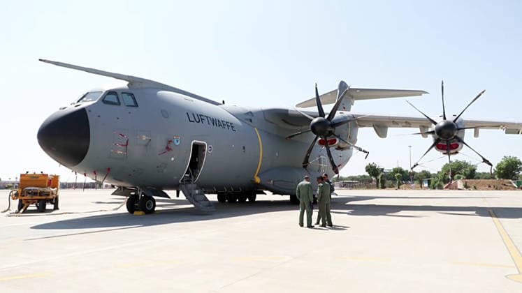 RECORD DATE NOT STATED German Air Force participates in the air combat exercise ˜Tarang Shakti 2026™ Jodhpur, Oct 06 (ANI): A view of a German A400M military transport aircraft deployed during the air combat exercise ˜Tarang Shakti 2026, in Jodhpur on Tuesday. (ANI Video Grab) Jodhpur Rajasthan India Copyright: xANIx ANI_20261006291