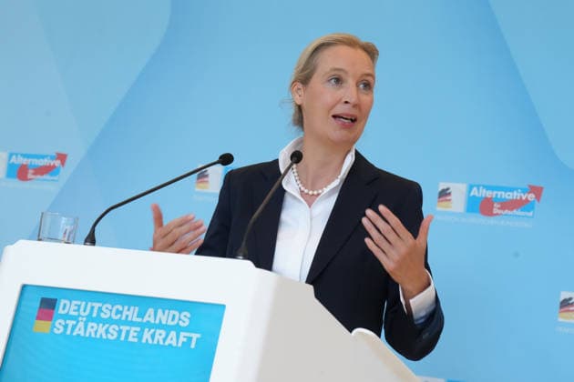 Pressekonferenz der AfD Vorsitzenden im Vorfeld der Fraktionssitzung Alice Weidel (AfD) im Portrait mit Handgestik beim Pressestatement im Vorfeld der AfD Fraktionssitzung im Deutschen Bundestag, Berlin, 06.10.2026 Berlin Berlin Deutschland