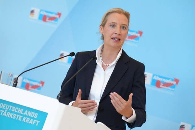 Pressekonferenz der AfD Vorsitzenden im Vorfeld der Fraktionssitzung Alice Weidel (AfD) im Portrait mit Handgestik beim Pressestatement im Vorfeld der AfD Fraktionssitzung im Deutschen Bundestag, Berlin, 06.10.2026 Berlin Berlin Deutschland