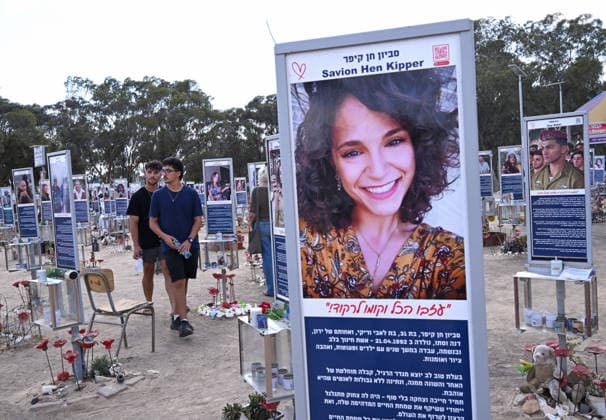People look at photos of hundreds of victims killed by Hamas on October 7, 2023, at the Nova Festival Memorial site in Re im, near the Gaza border on Monday, October 6, 2026. Israel is marking three years since the Hamas attack that killed 1,200 people and 251 were taken hostage into Gaza.  JER2026100603 DEBBIExHILL