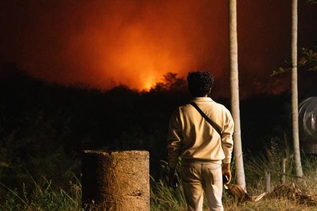 Land Fire Burns in Jambi, Indonesia JAMBI, INDONESIA, OCTOBER 6, 2026: Firefighters battle a land fire burning through trees and vegetation in the Penyengat Rendah area of Jambi City, as local residents observe the blaze. Forest and land fires across parts of Jambi and Sumatra continue to affect air quality and raise environmental concerns during the dry season. Jambi Indonesia Copyright: x xPrabanndaruxWahyuajix xJNAxPressx