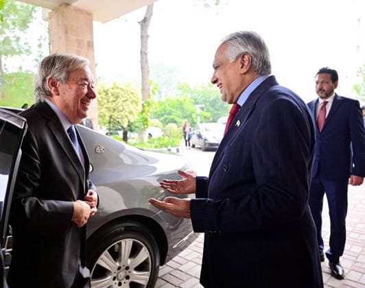 RECORD DATE NOT STATED Deputy Prime Minister Foreign Minister, Senator Mohammad Ishaq Dar receiving UN Secretary-General Antonio Guterres, at the Ministry of Foreign Affairs in Islamabad on Tuesday, October 6, 2026. (PPI Images). EDITORIAL USE ONLY Copyright: xx SA-ZM-061026x ppiphotos489290