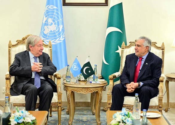 RECORD DATE NOT STATED Deputy Prime Minister Foreign Minister, Senator Mohammad Ishaq Dar exchanging views with Antonio Guterres, UN Secretary-General during meeting held at Ministry of Foreign Affairs in Islamabad on Tuesday, October 6, 2026. (PPI Images). EDITORIAL USE ONLY Copyright: xx SA-ZM-061026x ppiphotos489283