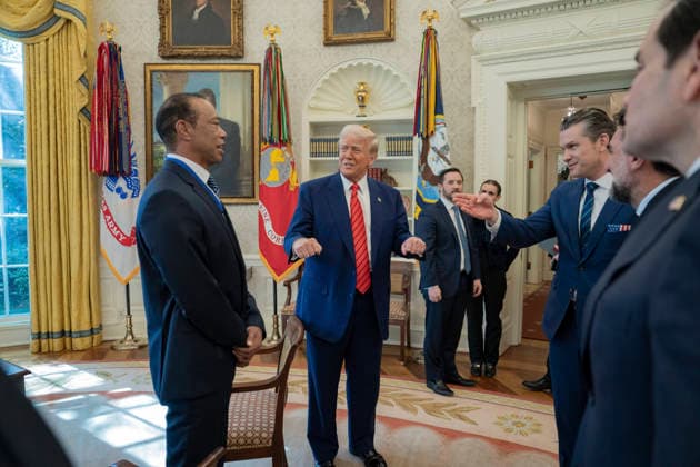 October 6, 2026, Washington, Dc, United States of America: U.S. President Donald Trump speaks with golfer Tiger Woods and officials in the Oval Office of the White House, February 20, 2025 in Washington, D.C. Woods, who received the Presidential Medal of Freedom from Trump in 2019, joined PGA Tour leaders at the White House for talks on a proposed deal with Saudi ArabiaÃ¢â‚¬â ¢s Public Investment Fund before Trump introduced him as a surprise guest at a Black History Month reception. Washington United States of America - ZUMAp138 20261006_zaa_p138_012 Copyright: xJoycexN.xBoghosian WhitexHousex